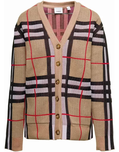 Burberry hortence Beige Long Sleeve Cardigan With Vintage Check Motif In Cotton Blend Woman