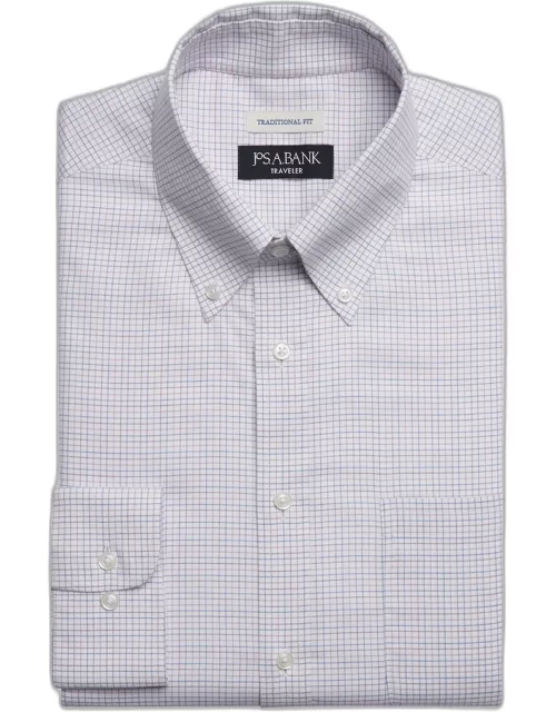 JoS. A. Bank Men's Traveler Collection Traditional Fit Button-Down Collar Grid Dress Shirt, Coral, 16 1/2 34