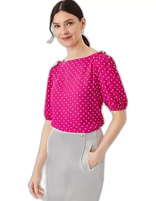 Ann Taylor Dotted Mixed Media Puff Sleeve Top