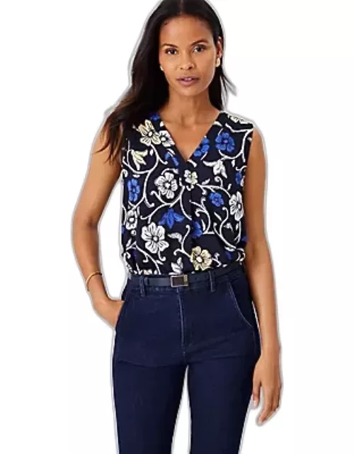Ann Taylor Floral Sleeveless Mixed Media Pleat Front Top