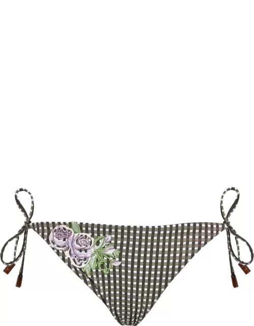 Women String Bikini Bottom Pocket Check Fleurs Brodées - Swimming Trunk - Flore - Green