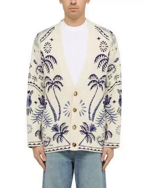 White/blue jacquard cardigan in wool and cotton