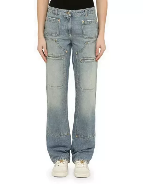 Blue washed-effect multi-pocket jeans in deni