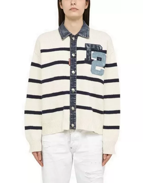 White/blue striped cardigan in cotton and denim blend