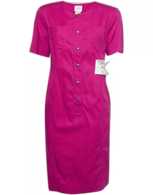 Fendi Vintage Pink Logo Embroidered Cotton Buttoned Midi Dress
