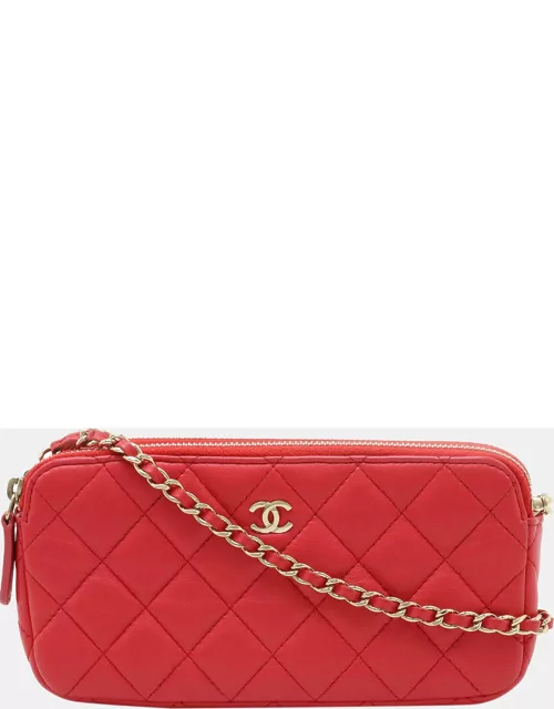 Chanel Red LamBskin Quilted Wallet On Chain