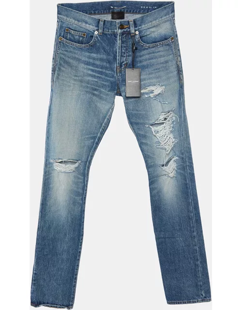 Saint Laurent Blue Distressed Denim Slim Fit Jeans S/Waist 32"