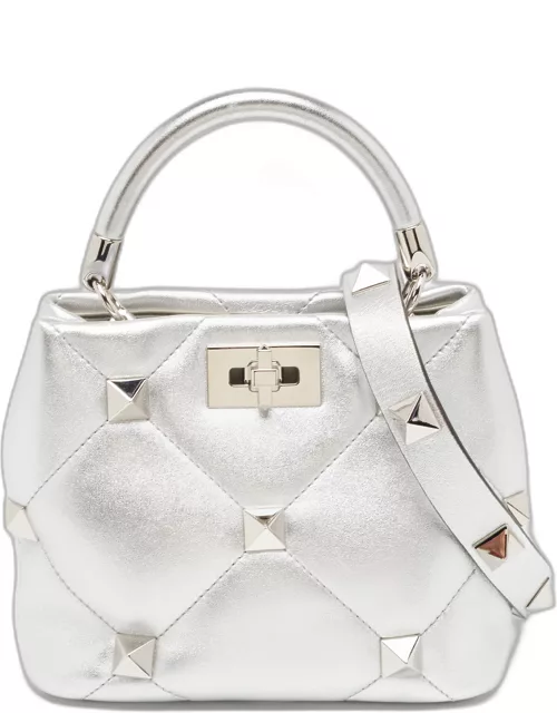 Valentino Silver Quilted Leather Small Roman Stud Top Handle Bag