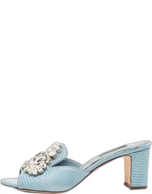 Dolce & Gabbana Light Blue Embossed Lizard Crystal Embellished Slide Sandal