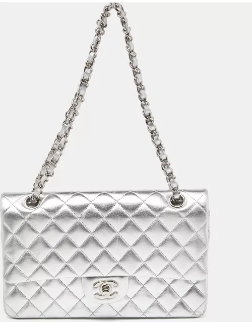 Chanel Silver Quilted Leather Medium Classic Double Flap Bag