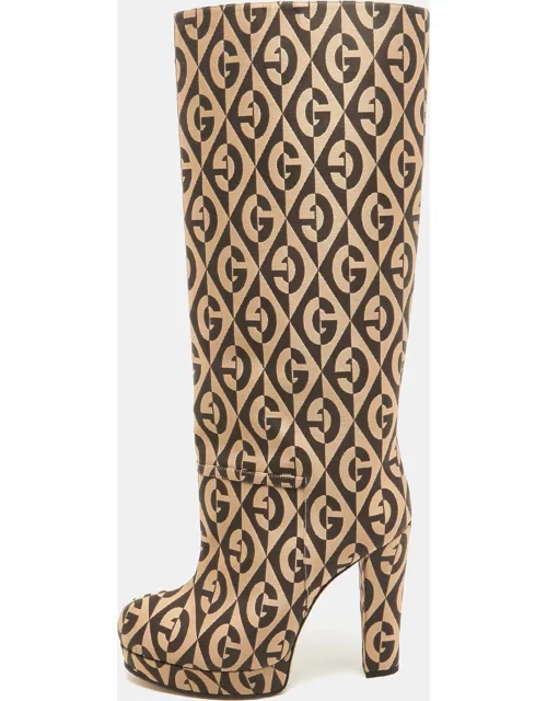 Gucci Beige/Brown Fabric Rhombus Knee Length Platform Boot