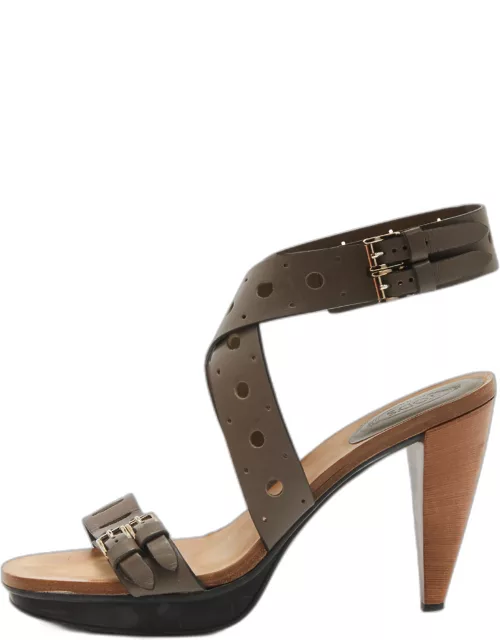 Tod's Grey Leather Perforated Platform Ankle Strap Sandal