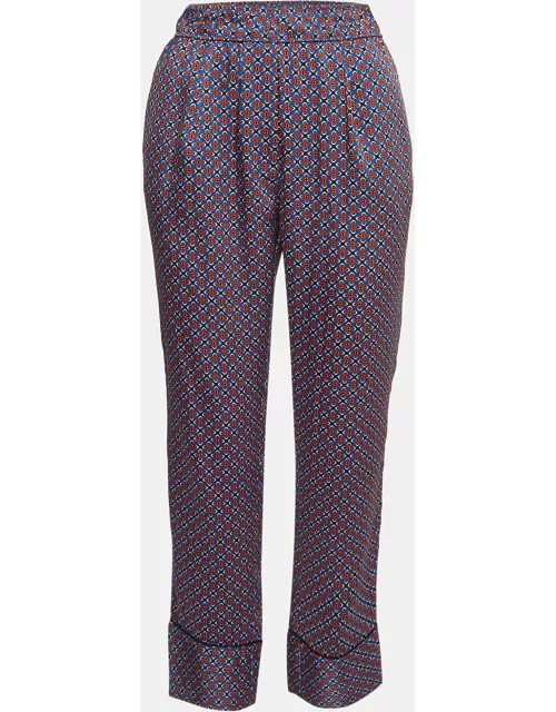 Sandro Blue Floral Print Satin Twill Straight Fit Trousers