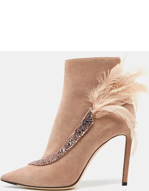 Jimmy Choo Pink Suede and Feather Crystal Embellished Ankle Boot