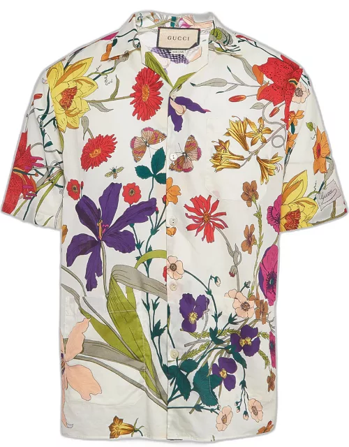 Gucci Cream Floral Printed Muslin Cotton Bowling Shirt