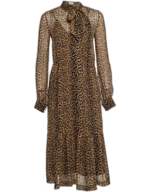 Saint Laurent Brown Leopard Print Chiffon Midi Dress
