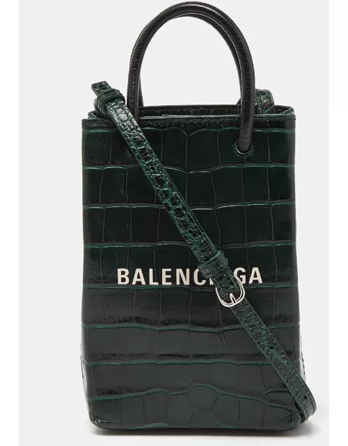 Balenciaga Green/Black Croc Embossed Leather Phone Crossbody Bag