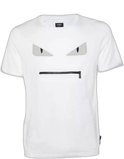 Fendi White Bag Bugs Appliqued Cotton Zip Detail T-Shirt