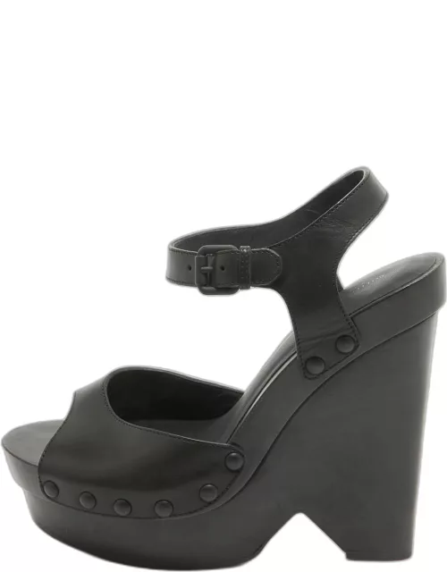 Bottega Veneta Black Leather Wedge Platform Ankle Strap Sandal