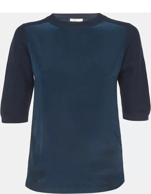 Chloé Dark Blue Silk and Wool Crew Neck T-Shirt