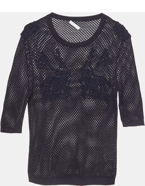 Chloé Navy Blue Applique Detail Cotton Crochet Crew Neck T-Shirt