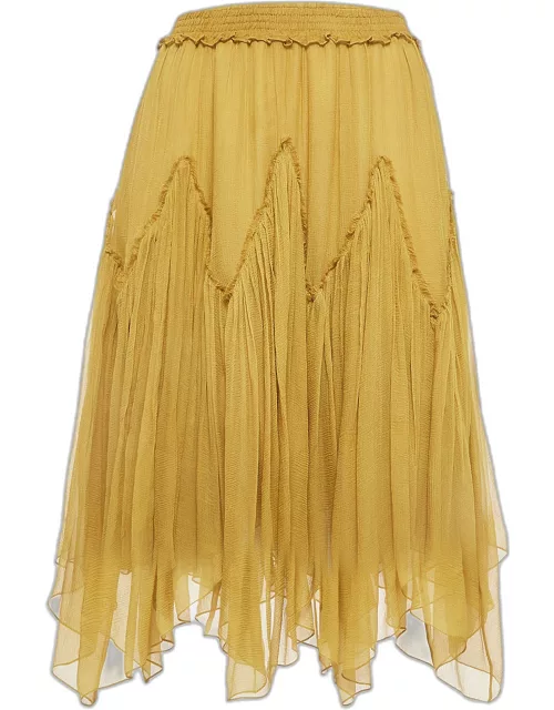 Chloe Yellow Silk Gathered Asymmetric Midi Skirt