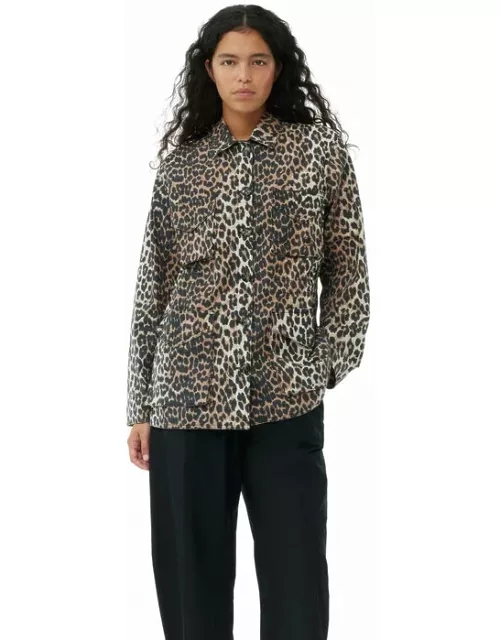 GANNI Leopard Cotton Canvas Jacket in Almond Milk
