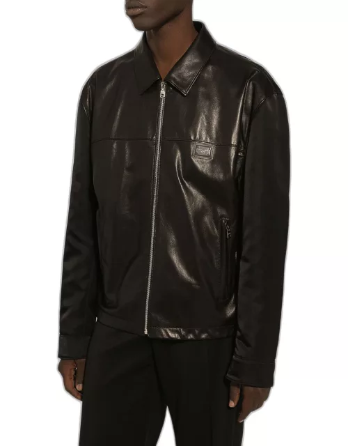 Men's Leather and Nylon Plaque Bomber Jacket