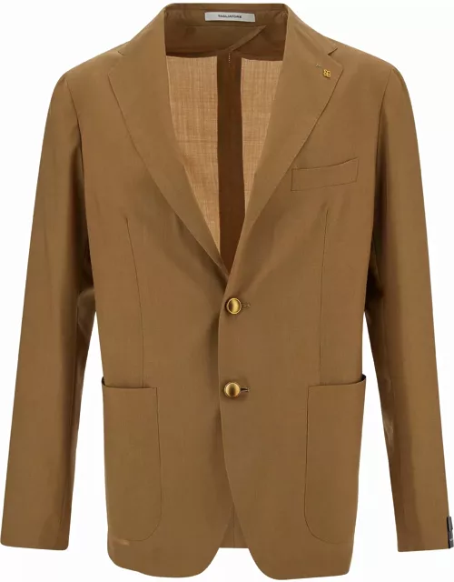 Tagliatore Camel Brown Single-breasted Jacket With Logo Detail In Stretch Wool Man