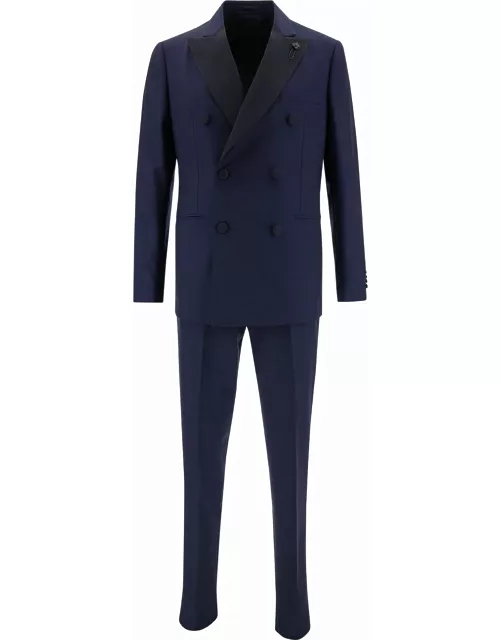 Lardini Blue Double-breasted Suit With Contrasting Revers In Stretch Wool Man