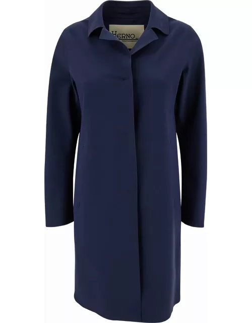Herno Blue Coat With Concealed Closure And Collar In Stretch Polyamide Woman