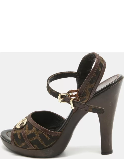 Fendi Brown Zucca Canvas and Leather Ankle Strap Sandal