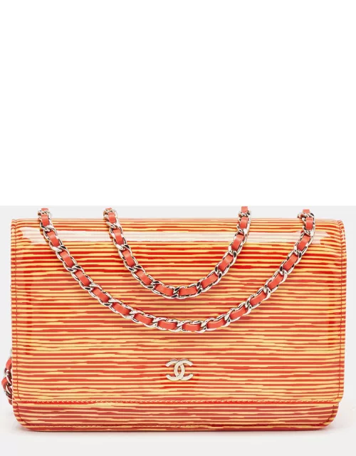 Chanel Orange/Yellow Stripe Patent and Leather CC Wallet On Chain