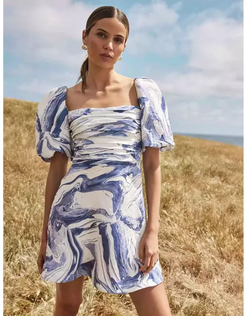 Forever New Women's Abigail Printed Puff-Sleeve Mini Dress in Blue Sahara Marble