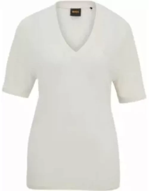 V-neck T-shirt in linen- White Women's T-Shirt