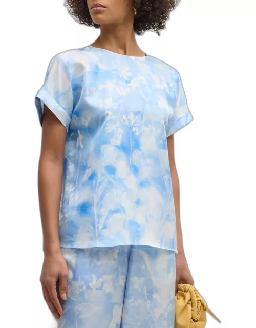 Floral-Print Dolman-Sleeve Silk Twill Shirt