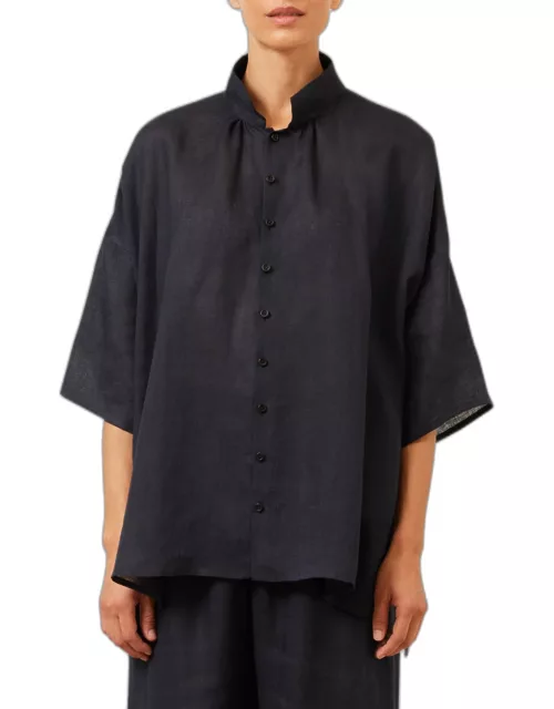 Sloped-Shoulder Wide A-Line Pleated-Collar Short-Sleeve Shirt (Long Length)