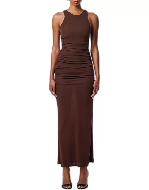 Ruched Jersey Sleeves Maxi Dres