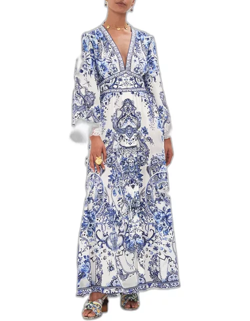Kimono-Sleeve Silk Crepe Maxi Dres