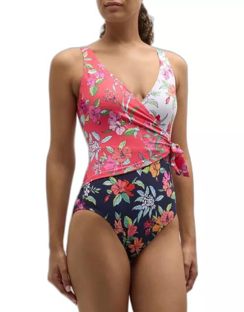 Summer Floral Wrap-Front One-Piece Swimsuit