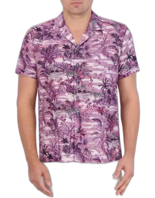 Men's Makara Linen-Cotton Printed Camp Shirt