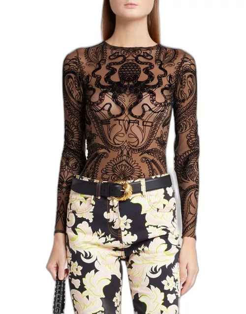 Paisley Embroidered Mesh Long-Sleeve Top