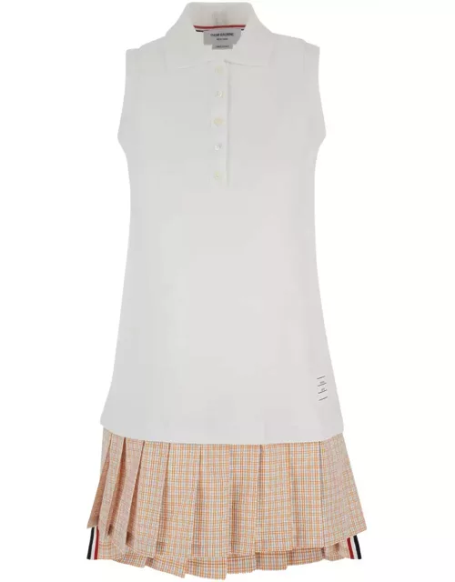 Thom Browne Mini Pleated Bottom Polo Dress In Classic Pique & Micro Check Poplin