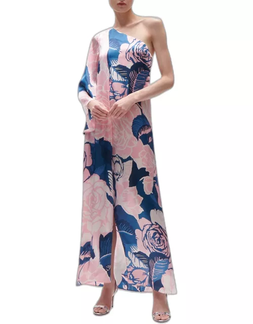 Greta Floral-Print One-Shoulder Slit-Hem Silk Maxi Dres