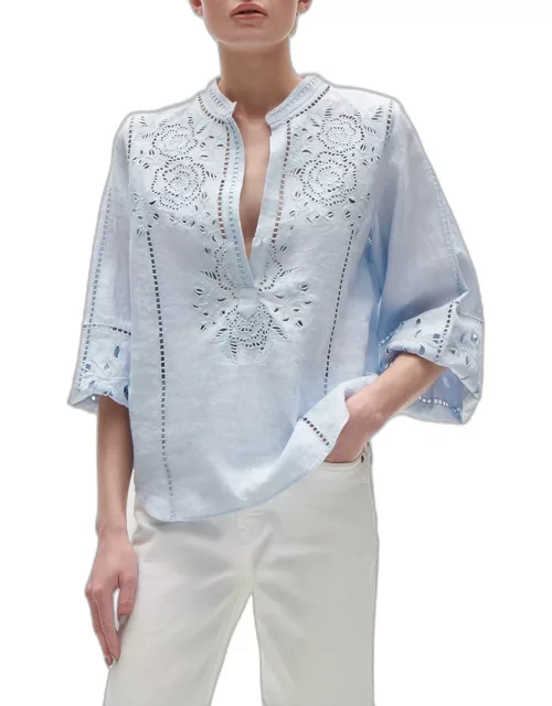 Rylie Broderie Anglaise Long-Sleeve Linen Top