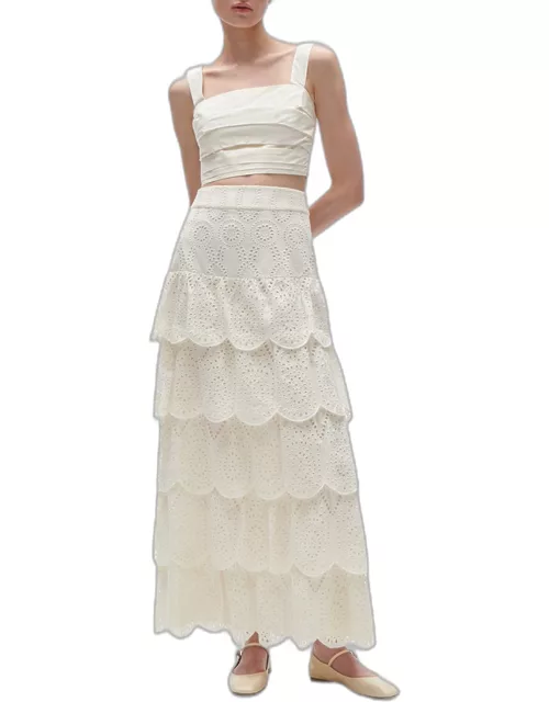 Gwenyth Tiered Ruffle Eyelet Embroidered Maxi Skirt