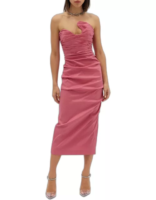 Cheri Sculpture Strapless Draped Midi Dres