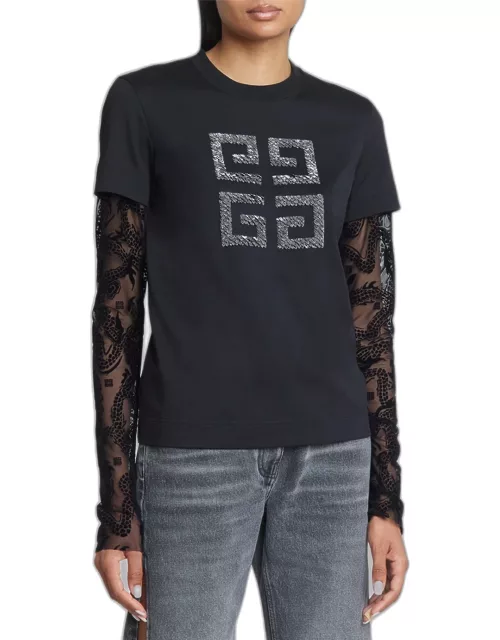 Two-Layer Beaded 4G Shirt with Mesh Sleeve