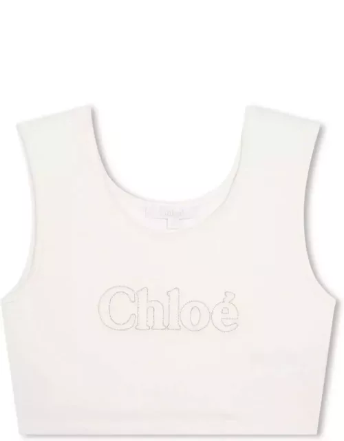 Chloé White Crop Top With Embroidered Logo