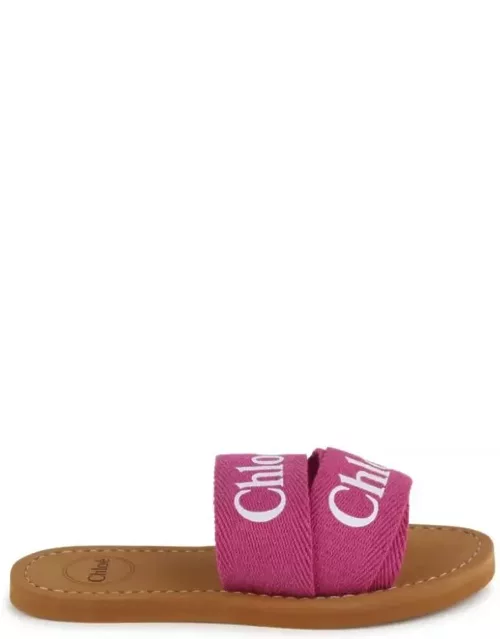 Chloé Woody Sandals In Fuchsia Canvas With Logo
